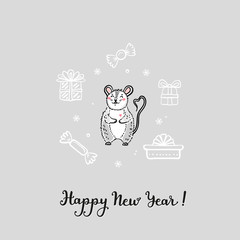 Happy New Year Greeting Card with Cute Mouse or Rat and Gift Box. Winter Holiday Background with Hand Drawn Cartoon Doodle Little Mice. Chinese New Year 2020