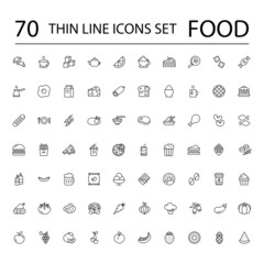 Food Line Icons Set Collection. Bakery, Seafood, Vegetables, Fruit, Coffee, Meat, Fastfood. Vector illustration eps10.