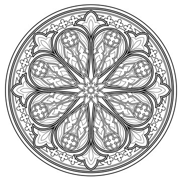 Black and white page for coloring book. Fantasy drawing of beautiful Gothic rose window with stained glass. Medieval architecture in western Europe. Worksheet for children and adults. Vector image.