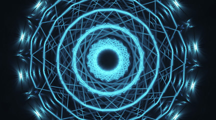 Abstract neon circle from light lines. Dark blue background.