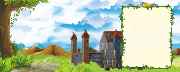 cartoon scene with mountains valley near the forest and castle with frame for text illustration for children