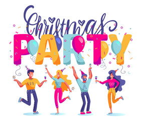 Christmas party happy people celebrating christmas flat vector illustration. Company of young friends dancing under big letters, balloons and confetti.