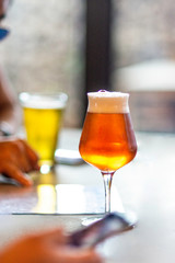Craft Beer in Stemmed Glass at Brewery in Miami Rose Ale Amber Colored With Friends Foam Head Blurred Background