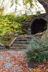 Trail in the autumn park. Fallen leaves on the steps and path. Stavanger. Norway. Scandinavia.