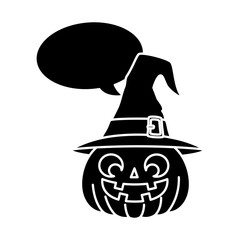 halloween pumpkin with hat witch and speech bubble vector illustration design
