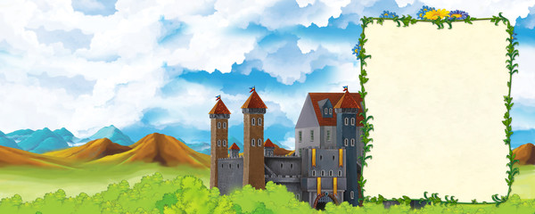 cartoon scene with mountains valley near the forest and castle with frame for text illustration for children