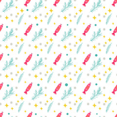 Christmas candy pattern and pine branches on white background