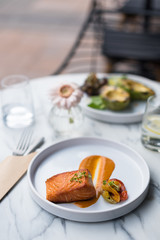 Pan Seared Salmon Steak with Grilled Vegetables and Sauce  on White Plate.