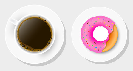 Vector illustration. Realistic a up of black coffee and donut
