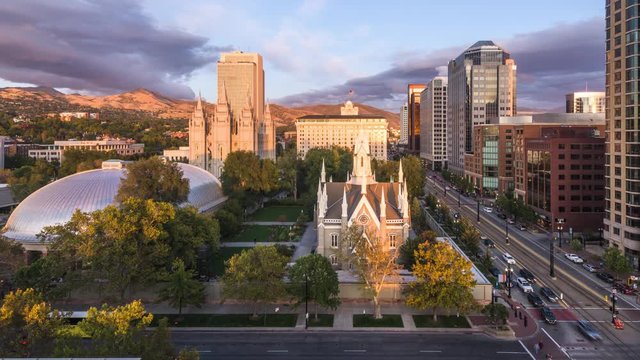 Salt Lake City, Utah, USA downtown cityscape over Temple Squar