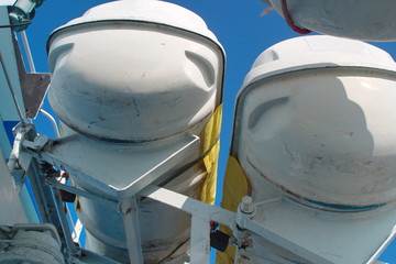 Folded life rafts on the deck of the ship
