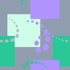 Abstract geometric seamless pattern - lime, lilac and mint green on a gray background. Squares and circles: wallpaper and poster, greeting card, print on paper and fabric.