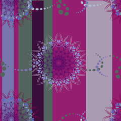 Abstract geometric seamless pattern on a background of gray, lilac and pink-dusty vertical stripes. Small circles and beautiful round lace mandalas: wallpaper and poster, greeting card.
