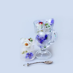 Ice cubes with flowers on white background, closeup