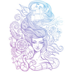 Girl with long hair outline sketch. Portrait of a young woman. Face and make-up. Fabulous sea princess. Mermaid. Monochrome illustration for tattoos, stickers, t-shirt and other items.