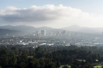 Foggy morning view towards downtown Glendale near Los Angeles and Burbank in Southern California.