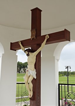 Crucifixion of Christ in the Aglona Basilica Catholic church and monument of Vilno baroque. Aglona, Latvia, July 19, 2019
