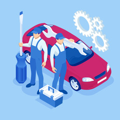 Isometric Car Maintenance Vehicles Diagnostics and Repair Service. Car service Car Engine.