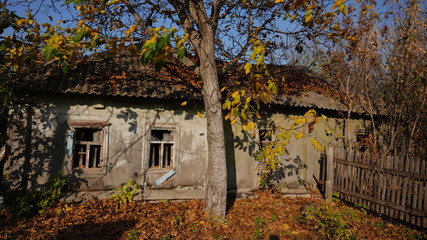 An old abandoned house with broken Windows. Abandoned house in the exclusion zone in Chernobyl, the...