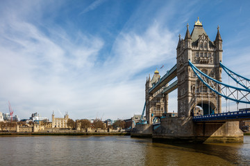 London England, view of Tower Bridge and the river Thames.