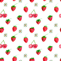 watercolor seamless pattern with strawberries and cherries on a white background.