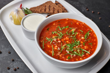 Red borscht on a white plate with bread and sour cream, on a dark background