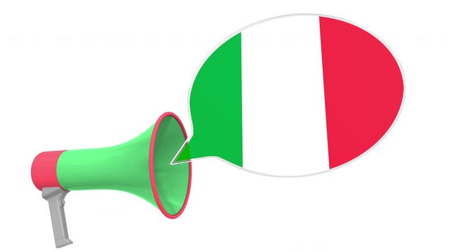 Loudspeaker and flag of Italy on the speech bubble. Language or national statement related conceptual 3D animation