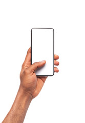 Black male hand showing blank screen of modern smartphone