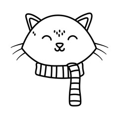 cute cat face with scarf celebration merry christmas thick line