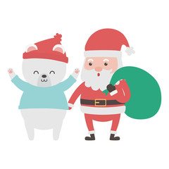 cute santa with bag and polar bear merry christmas