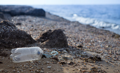 Single use plastic bottle discarded on beach next to sea
