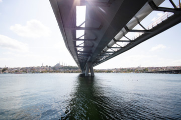 Istanbul Eminonu estuary bridge feet and city view. sunlight