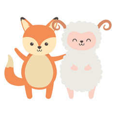 cute fox and sheep animals standing