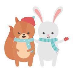 cute rabbit and squirrel with scarf and mittens merry christmas