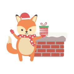 cute fox with gift and chimney merry christmas