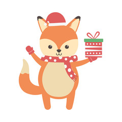 Fototapeta premium cute fox with gift and scarf merry christmas