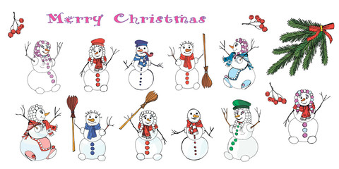  festive set, isolated elements for Christmas and New year decoration, doodle. Snowmen, snowflakes