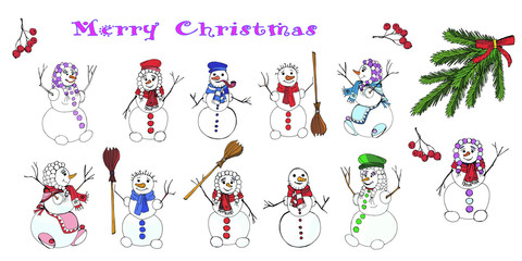  festive set, isolated vector elements for Christmas and New year decoration, doodle. Snowmen, snowflakes