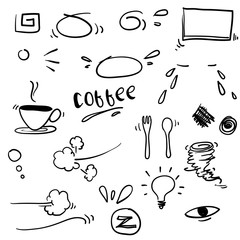doodle handdrawn elements colection.frames.coffee.storm.bulb.eyes.swirl.swoosh.graffiti illustration vector