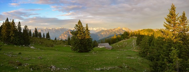 panorama of Kohler Alm mountain hut near Inzell