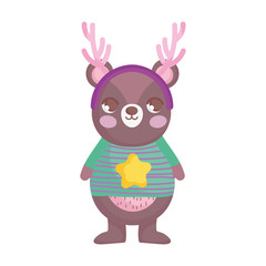 bear with sweater and horns happy merry christmas
