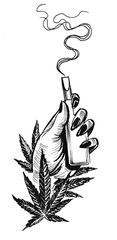 Hand holding a vaporizer and cannabis leaves