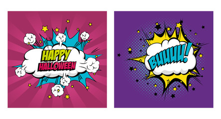 set of cloud with explosion for happy halloween pop art style vector illustration design