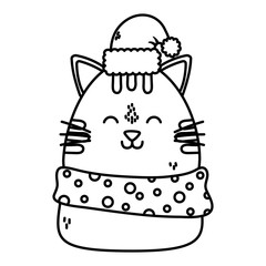cute cat with hat and scarf celebration happy christmas thick line