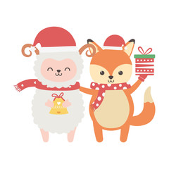 cute fox and sheep with gift and bell merry christmas