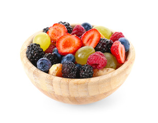 Bowl with tasty fruit salad on white background