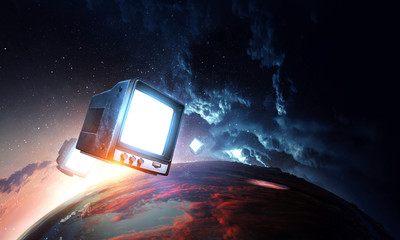 Retro TV flying in space