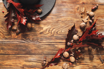 Beautiful autumn composition with space for text on wooden background