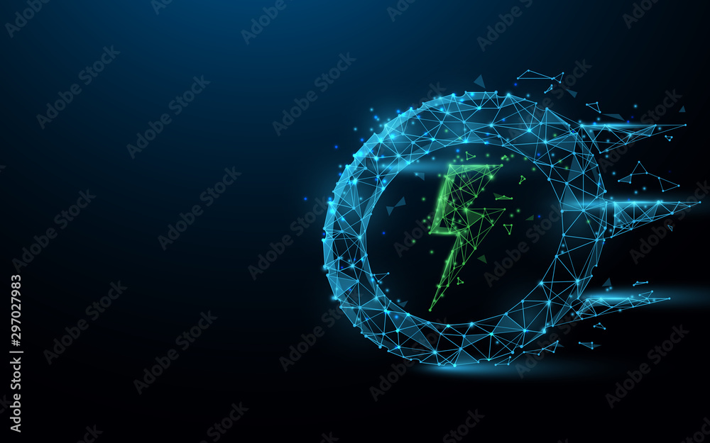 Poster electric car (ev) sign and symbol icon from lines, triangles and particle style design