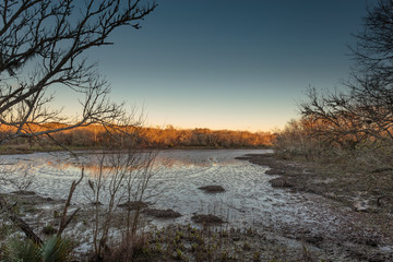 Fototapeta premium Beautiful swamp: Clear Creek at sunset seen from the boardwalk at Challenger Seven Memorial Park, League City TX